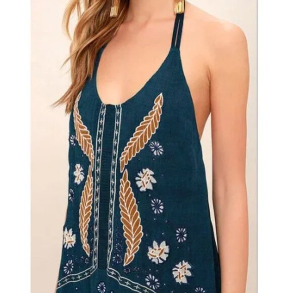 O'Neill Ellison Teal Blue Embroidered Halter Dress Sz L #329i - Picture 2 of 12